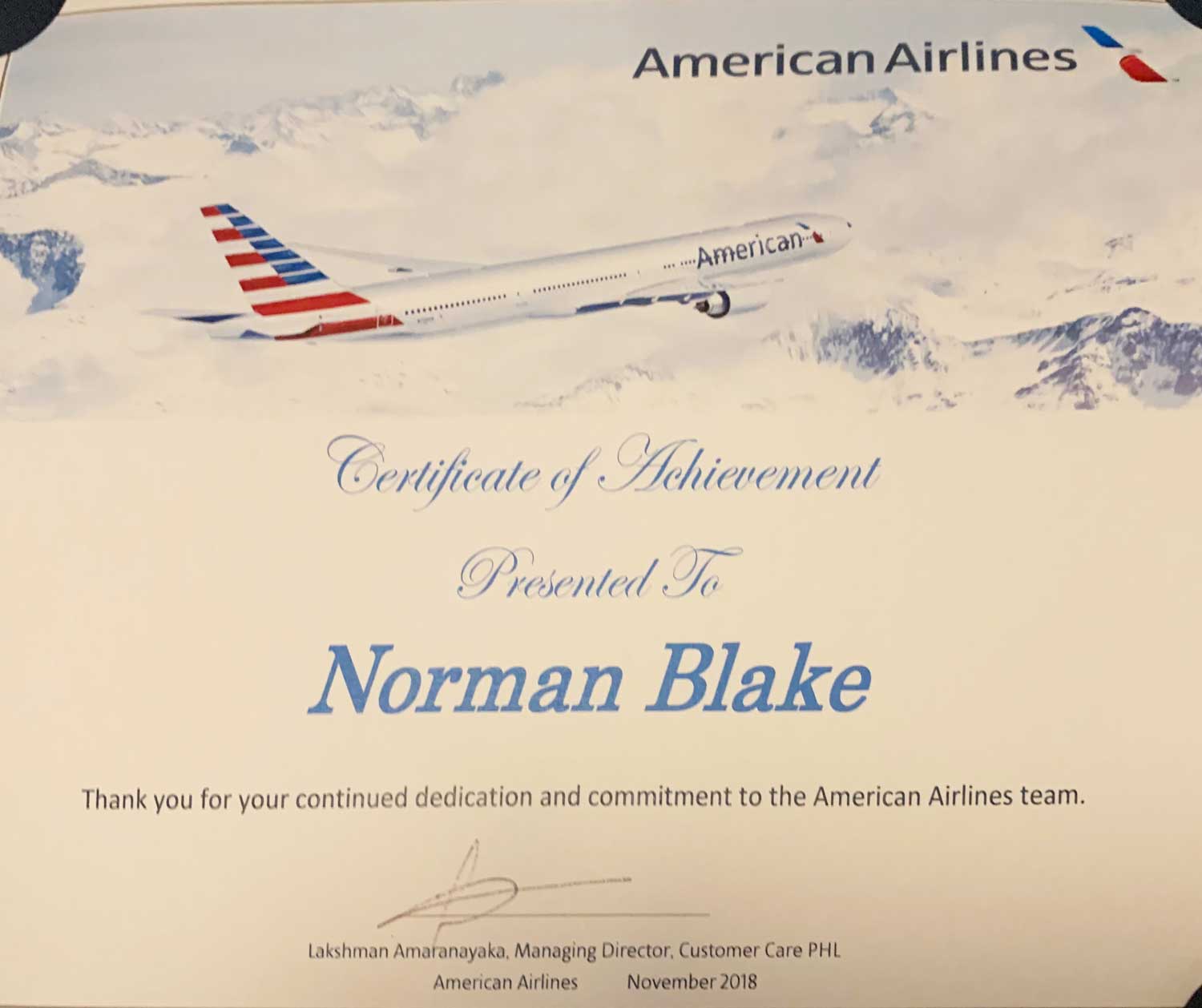 Prospect’s Norman Blake Recognized For Dedication And Commitment By American Airlines